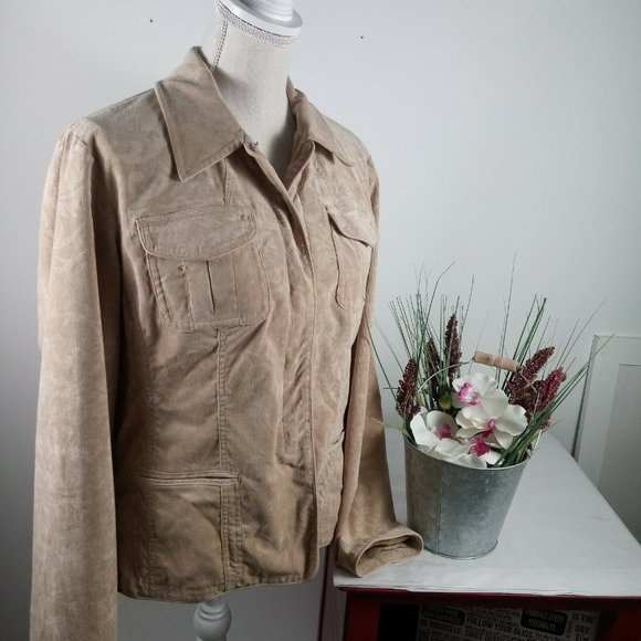 Chicos Retro Corduroy Jacket Tan Size 2 Subtle Swirl Pattern Cabincore - Picture 2 of 15